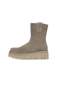 Graue Wildleder-Stiefelette mit einer klobigen, strukturierten Plattformsohle, ausgestattet mit einer seitlichen Lasche und minimalistischem Design.