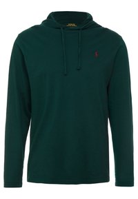 Mörkgrön långärmad tröja med huva, gjord av bomull. Har en kenguruficka och en liten broderad logotyp på bröstet.