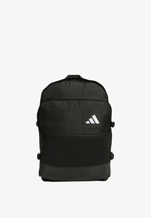 Black backpack crafted from durable fabric, featuring a textured front panel, prominent white Adidas logo, and multiple zippered compartments.