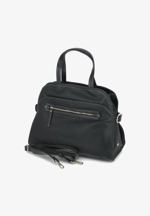 Bolso de cuero negro con textura de grano, asas dobles, correa de hombro desmontable, bolsillo delantero con cremallera y detalles en hardware plateado.