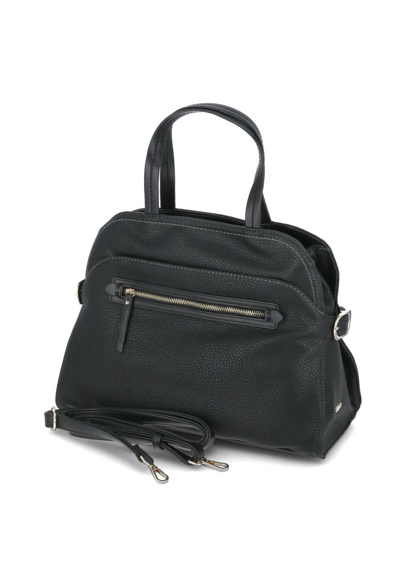 Borsa a tracolla in pelle nera con texture granigliata, doppio manico, tracolla removibile, tasca frontale con zip e dettagli in hardware argentato.