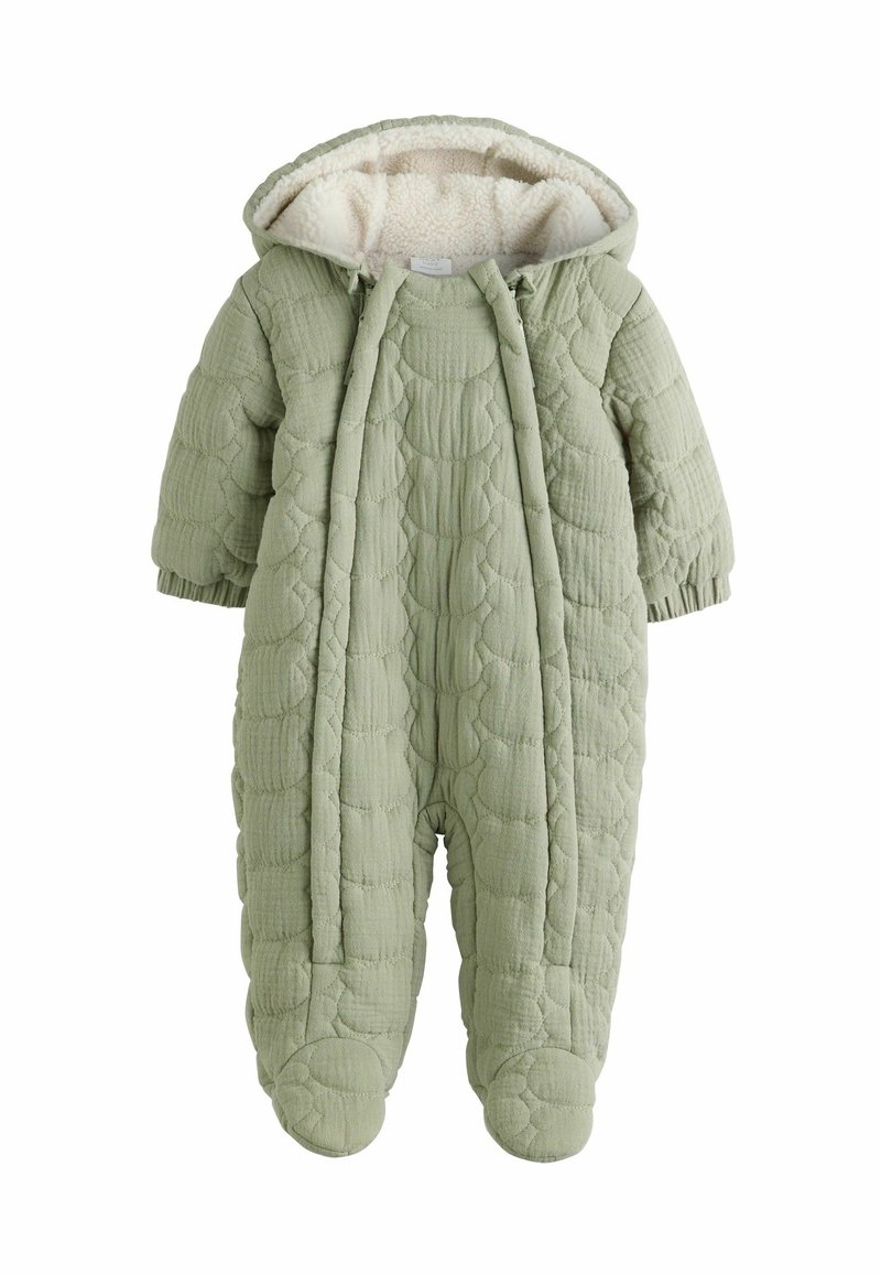 Combinaison de neige pour bébé matelassée vert clair avec capuche, poignets élastiques, couvre-pieds et doublure douce en polaire blanche à l'intérieur de la capuche.