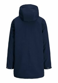 Chaqueta con capucha de manga larga en azul marino con puños ajustables a presión, vista desde la parte posterior sobre fondo blanco.