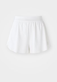 Shorts de sport blancs avec taille élastique et logo subtil en bas à gauche, présentés à plat sur fond blanc.