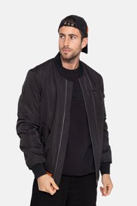 Schwarze Bomberjacke mit Reißverschluss, geripptem Kragen und Bündchen, ausgestattet mit einem kleinen Logo-Detail. Hergestellt aus glattem, leichtem Material.