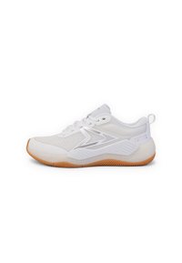 White athletic shoe with mesh upper, rubber grip sole, textured accents, and a reflective logo on the side. Flat lace closure design.