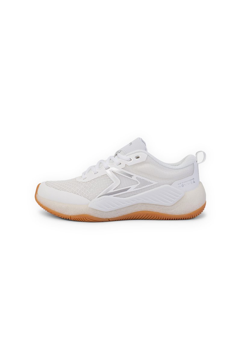 White athletic shoe with mesh upper, rubber grip sole, textured accents, and a reflective logo on the side. Flat lace closure design.