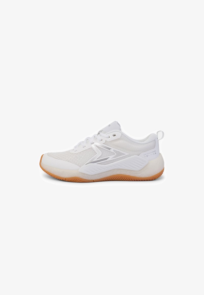 White athletic shoe with mesh upper, rubber grip sole, textured accents, and a reflective logo on the side. Flat lace closure design.