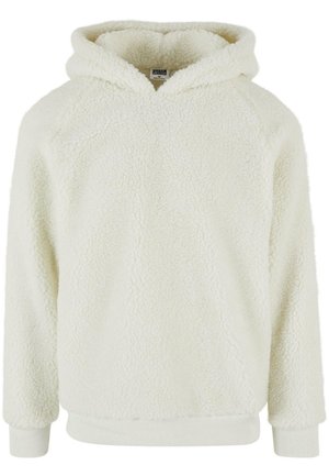 Hvid fleece hoodie med en blød, tekstureret overflade, stor hætte og ribbet manchetter. Har et enkelt, klassisk design uden mønstre.