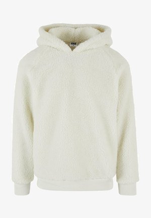 White fleece hoodie with a soft, textured surface, large hood, and ribbed cuffs. Features a simple, classic design with no patterns.