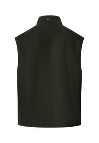 Gilet senza maniche in tessuto scozzese verde scuro, caratterizzato da un colletto alto e un design strutturato, con una texture liscia e una finitura pulita.