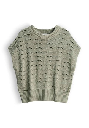 Light green knitted sleeveless sweater with wave-like openwork pattern and ribbed neckline and hem.
