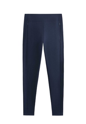 Temno modre legice iz raztegljivega materiala z gladko teksturo. Imajo stranske žepke z zadrgo in prilagojen kroj za lažje gibanje.