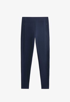 Marineblauwe leggings gemaakt van rekbaar materiaal met een gladde textuur. Voorzien van zijritszakken en een aansluitend ontwerp voor bewegingsvrijheid.