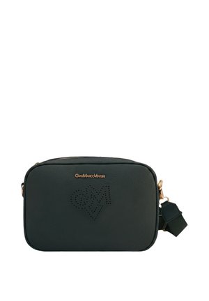 Borsa a tracolla rettangolare in pelle nera con logo dorato e design geometrico traforato, tracolla regolabile con clip in metallo dorato.