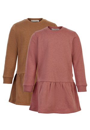 Pitkähihaiset mekot ruskeasta ja vaaleanpunaisesta puuvillasekoitteesta, joissa on levenevä peplum-helma, pyöreä kaula-aukko ja ribattu hihansuu, sekä sileä rakenne.