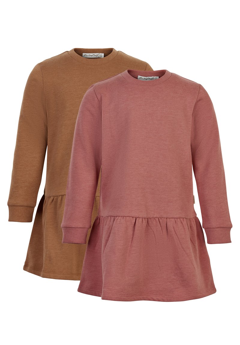 Robes à manches longues en mélange de coton brun et rose, avec un ourlet peplum évasé, un col rond et des poignets côtelés, avec une texture lisse.