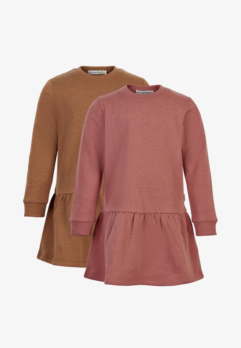 Langermede kjoler i brun og rosa bomullsblanding, med en utsvingt peplum-bunn, rund hals og ribbestrikkede mansjetter, med en glatt tekstur.