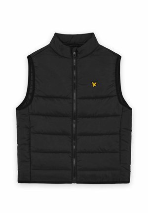 Gilet nero imbottito senza maniche con zip frontale e piccolo logo di uccello giallo sul lato sinistro del petto, mostrato su sfondo bianco.