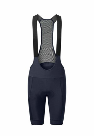 Schwarze, gepolsterte Radhose mit Trägern, mit einem Mesh-Rückenpaneel und breiten Schultergurten, entwickelt für Komfort und Atmungsaktivität.