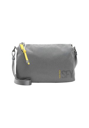 Gray crossbody bag with textured mesh fabric, featuring a yellow zipper accent and adjustable gray strap; sleek rectangular shape.