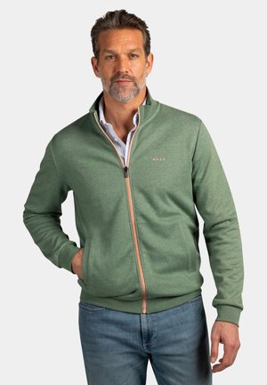 Man with beard wearing green zip-up jacket over a light blue shirt, with one hand in jacket pocket, standing against a plain background.