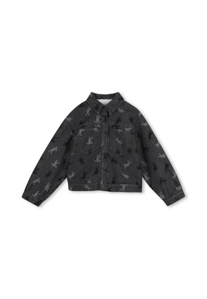 Veste en denim noire avec imprimés lézard gris foncé et noir sur l’ensemble, poches avant, col et fermeture à boutons.