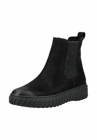 Botas negras hasta el tobillo hechas de materiales mixtos, con un cuerpo texturizado, paneles laterales grises, punta redondeada y una suela de goma negra estriada.