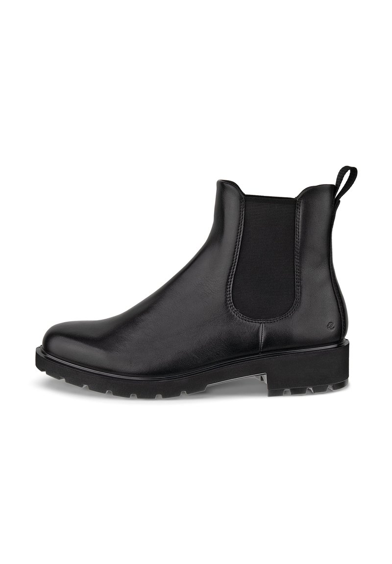 Botas Chelsea de cuero negro con paneles laterales elásticos, punta redonda, suela de goma gruesa y tirador trasero para facilitar su uso.