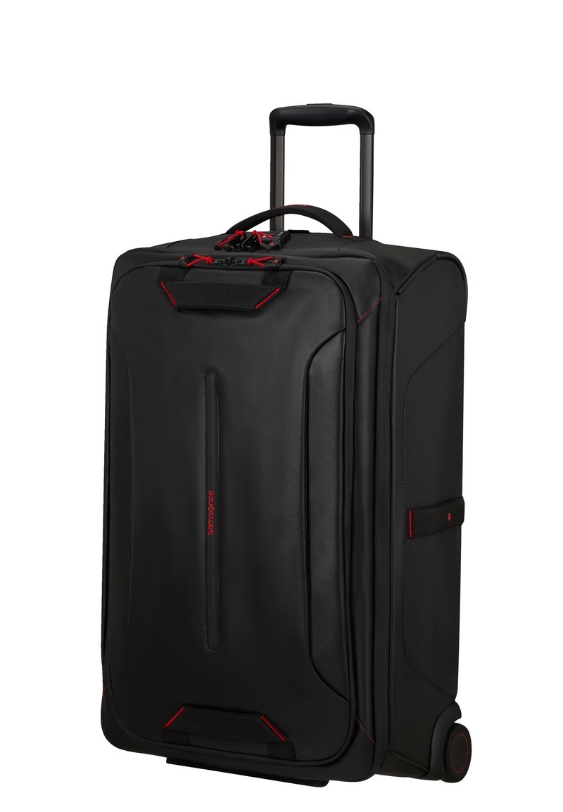 Schwarzer Koffer mit glatter Oberfläche, roten Akzenten, einem ausziehbaren Griff und einem schlanken, rechteckigen Design. Verfügt über Reißverschlüsse und eine stabile Basis.