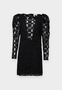 Svart miniklänning med blommig spetsöverdrag, djup V-ringning och puffärmar i genomskinligt material. Bakre dragkedjestängning, strukturerad tyg med ett dekorativt mönster.