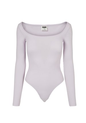 Lyselilla langermet bodysuit med off-the-shoulder utsnitt, laget av glatt, elastisk materiale, med en tettsittende silhuett og minimal dekorering.