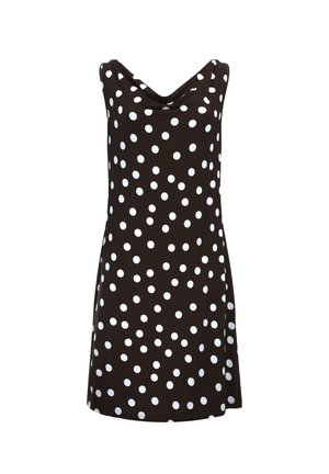 Must valge täpilise musta varrukateta kleit, drapeeritud kaelusega, põlveni ulatuv, valgel taustal.