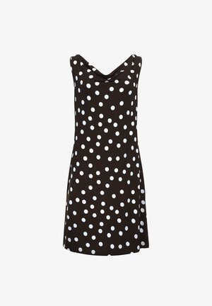 Must valge täpilise musta varrukateta kleit, drapeeritud kaelusega, põlveni ulatuv, valgel taustal.