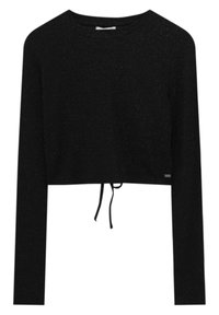 Pull court noir à manches longues avec col rond et cordon de serrage au bas.