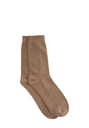 Braune gestrickte Socken, bis zur Mitte der Wade, mit glatter Textur, gerippten Bündchen und einem dezenten Melange-Muster. Keine sichtbaren Logos oder Akzente.