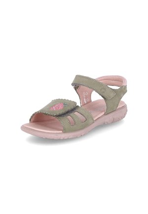 Sandale enfant à bout ouvert avec des brides vert olive, une semelle rose matelassée et un motif fraise rose sur la bride avant avec fermetures Velcro.