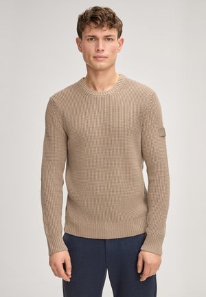 Junger Mann, der einen beige strukturierten Strickpullover und dunkelblaue Hosen trägt, steht vor einem einfarbigen hellen Hintergrund.
