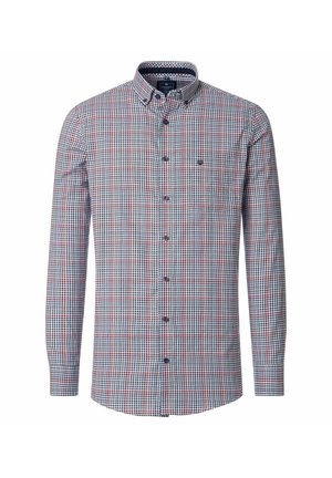 Langarmhemd mit kariertem Muster in Blau, Rot und Weiß, mit klassischem Kragen und dunklen Knöpfen. Aus weichem Baumwollstoff.