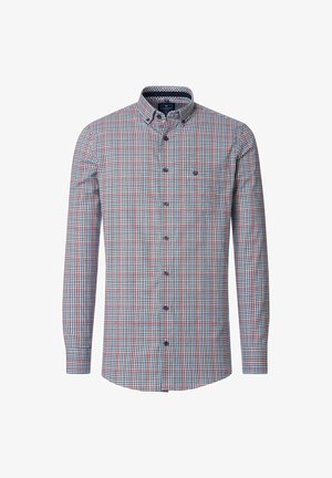 Koszula z długim rękawem z wzorem w kratę w kolorach niebieskim, czerwonym i białym, z kołnierzykiem zapinanym na guziki i ciemnymi guzikami. Wykonana z miękkiej bawełny.