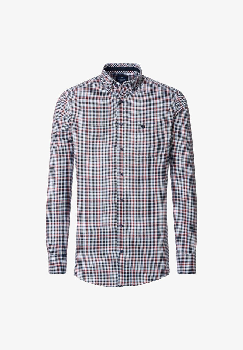 Langarmhemd mit kariertem Muster in Blau, Rot und Weiß, mit klassischem Kragen und dunklen Knöpfen. Aus weichem Baumwollstoff.