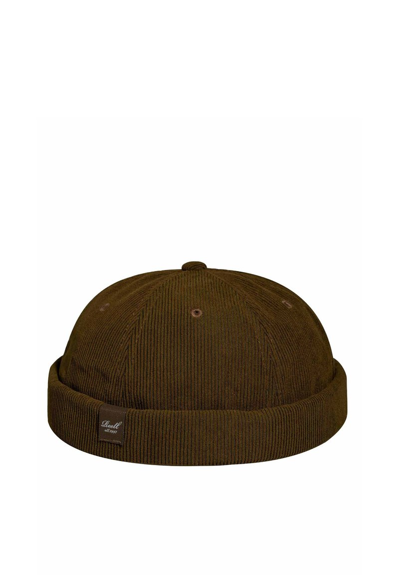 Gorro de punto marrón con un puño doblado, parte superior redonda y pequeña etiqueta de marca. Fabricado con un tejido texturizado que tiene agujeros de ventilación.