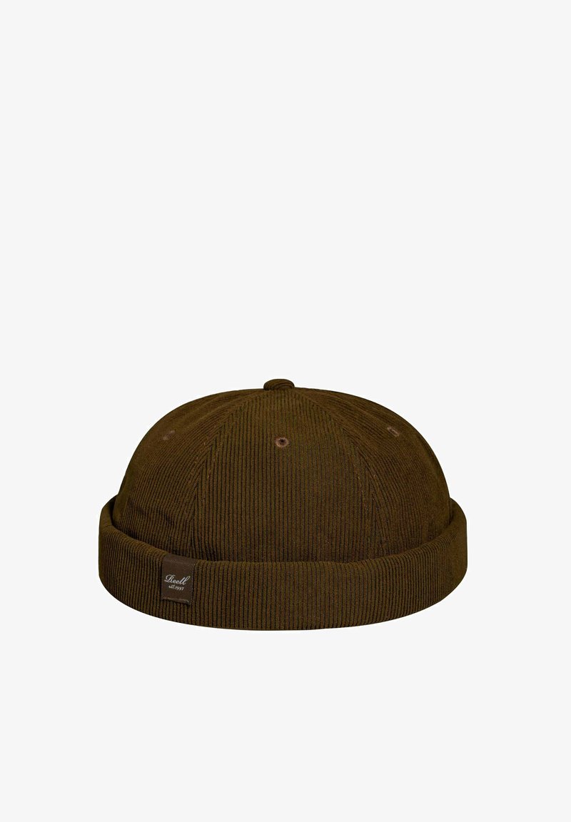 Gorro de punto marrón con un puño doblado, parte superior redonda y pequeña etiqueta de marca. Fabricado con un tejido texturizado que tiene agujeros de ventilación.