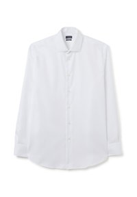 Camicia bianca a maniche lunghe realizzata in tessuto liscio. Presenta un colletto a punta, chiusura con bottoni sul davanti e orlo arrotondato. Texture sottile e uniforme su tutta la superficie.