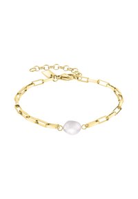 Gouden schakelarmband met rechthoekige schakels, een gladde witte parel als accent, en een karabijnhaak met een verstelbare kettingverlenging.