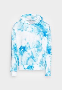 Felpa con cappuccio caratterizzata da un motivo tie-dye in diverse tonalità di blu su uno sfondo bianco. Con lacci e logo stampato sulla manica.