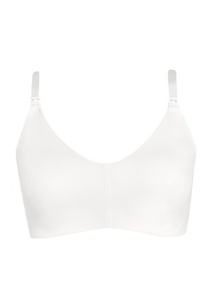 Fehér vezeték nélküli melltartó állítható pántokkal és elején kapcsos záródással, a kényelem és sima illeszkedés érdekében tervezve.