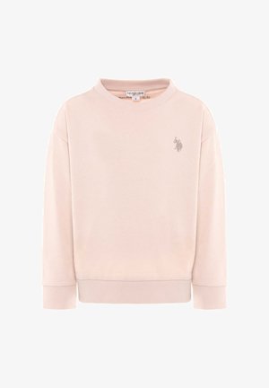 Felpa a maniche lunghe color rosa chiaro con polsini e orlo a coste, con un piccolo logo grigio sul lato sinistro del petto. Tessuto morbido con una texture liscia.