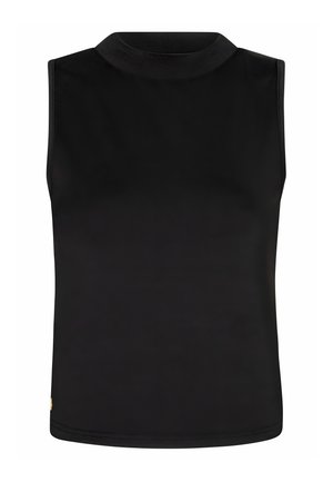 Mouwloos zwart topje met nepcolletje, een aansluitende pasvorm en effen stof, voorkant gezien tegen een witte achtergrond.