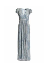 Robe longue métallisée bleu clair avec jupe plissée, décolleté profond en V, manches courtes volantées et taille cintrée.